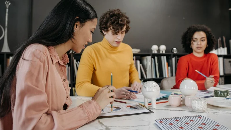 Diverse team planning and strategizing together in a modern office setting