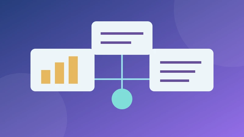 Colourful business information systems illustration with linked screens and data