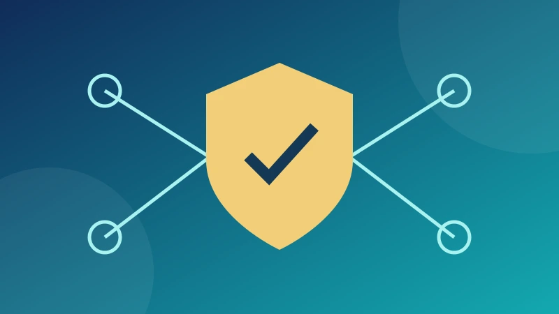 Colourful network security illustration with connected nodes and a shield
